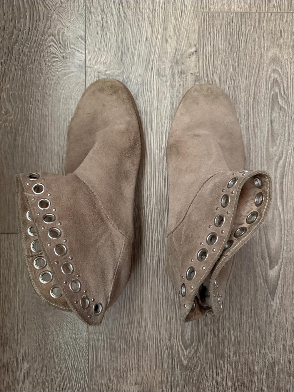 UGG Taupe Suede Ankle Booties with Silver Eyelet Trim